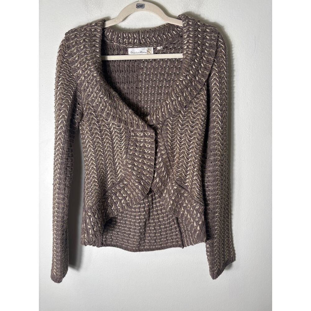 Charlie and Robin Brown Knit Open Cardigan Sweater with Gold Threading Sz S